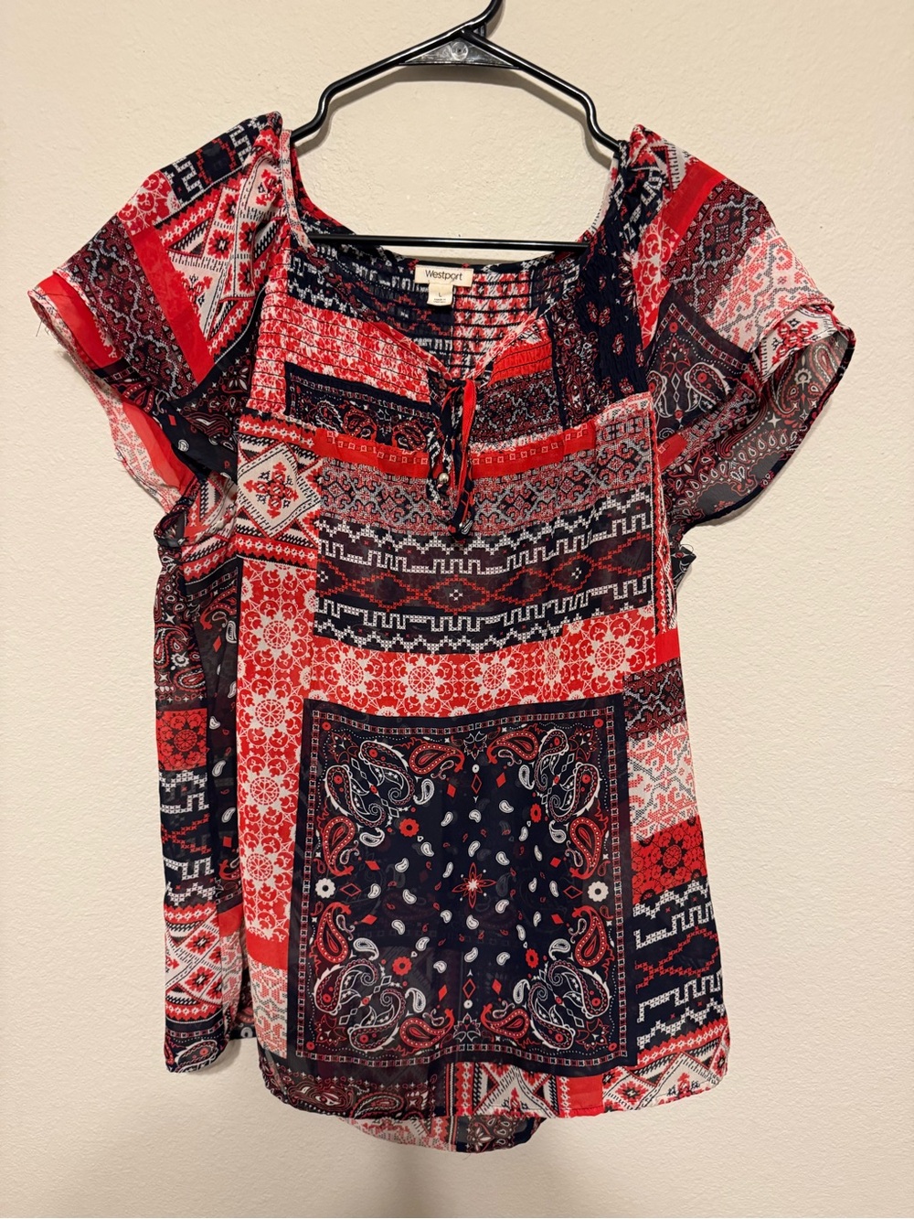 Westport Red and Navy Patchwork Tie-Neck Blouse